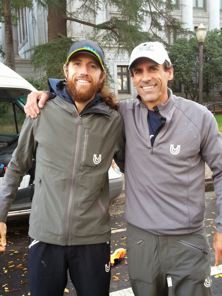 Michael Wardian (bearded) and Rich Hanna after the race. Wardian ran 2:33 the day after racing The North Face 50 Mile, and Hanna ran 2:36, which is a new M50 course record. (SRN photo)