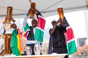 To the winners go the non-alcoholic beers. (L-R Dereje Abera Ali, Julius Keter, Elisha Barno)